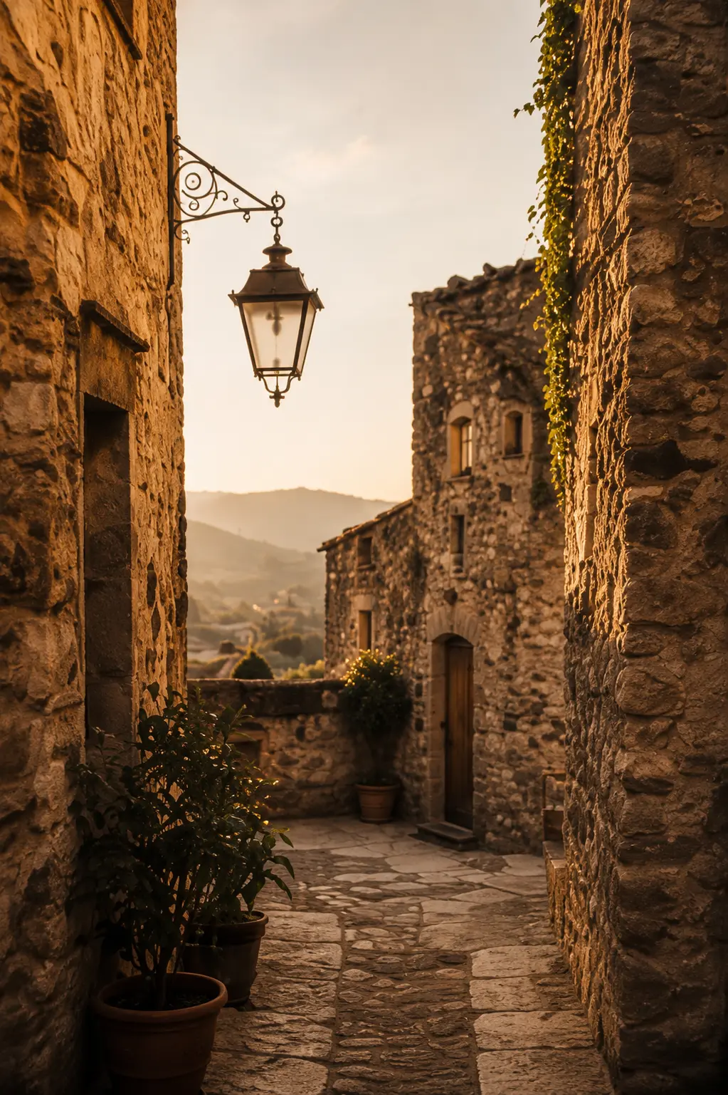 Vicolo di pietra con lanterna al tramonto
