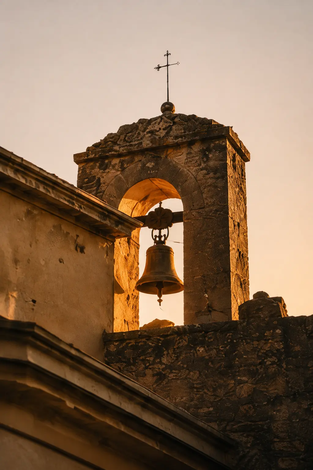 Campanile in pietra alla luce dorata