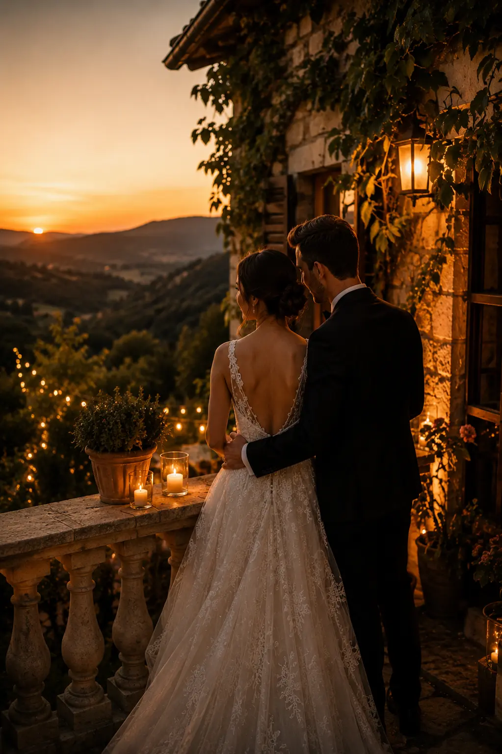 Sposi abbracciati davanti al tramonto