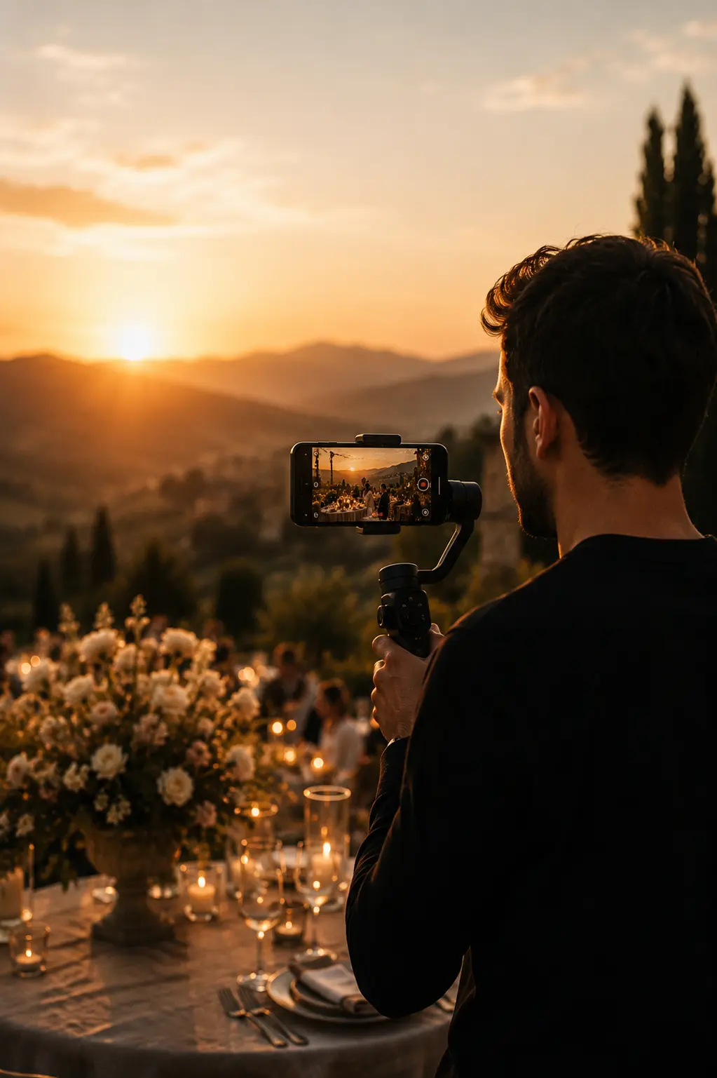 Creator che riprende il ricevimento al tramonto