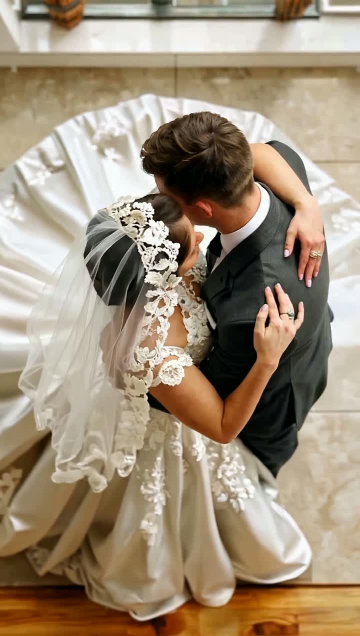 Dettaglio della mano della sposa con la fede sulla spalla dello sposo