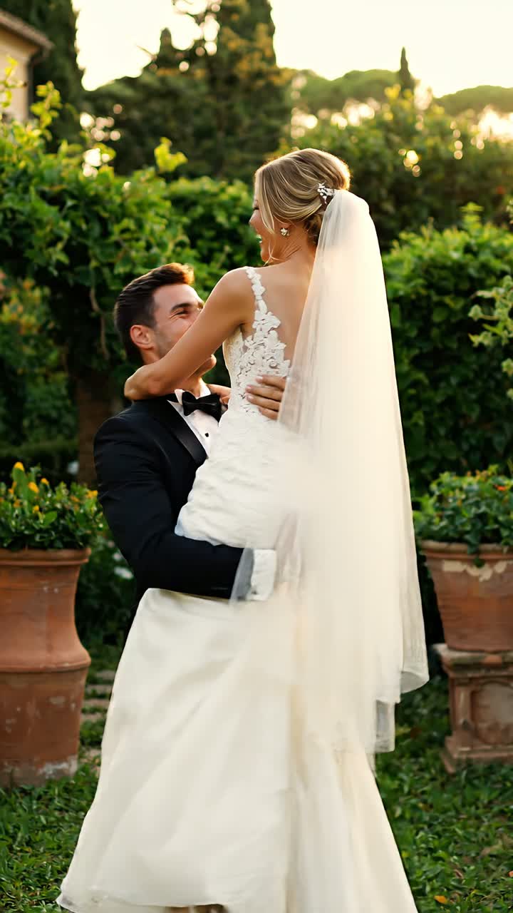 Lo sposo solleva la sposa in aria mentre lei ride