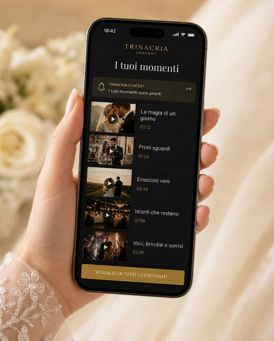 Mano di una sposa che tiene lo smartphone con i video di Trinacria Content pronti da guardare